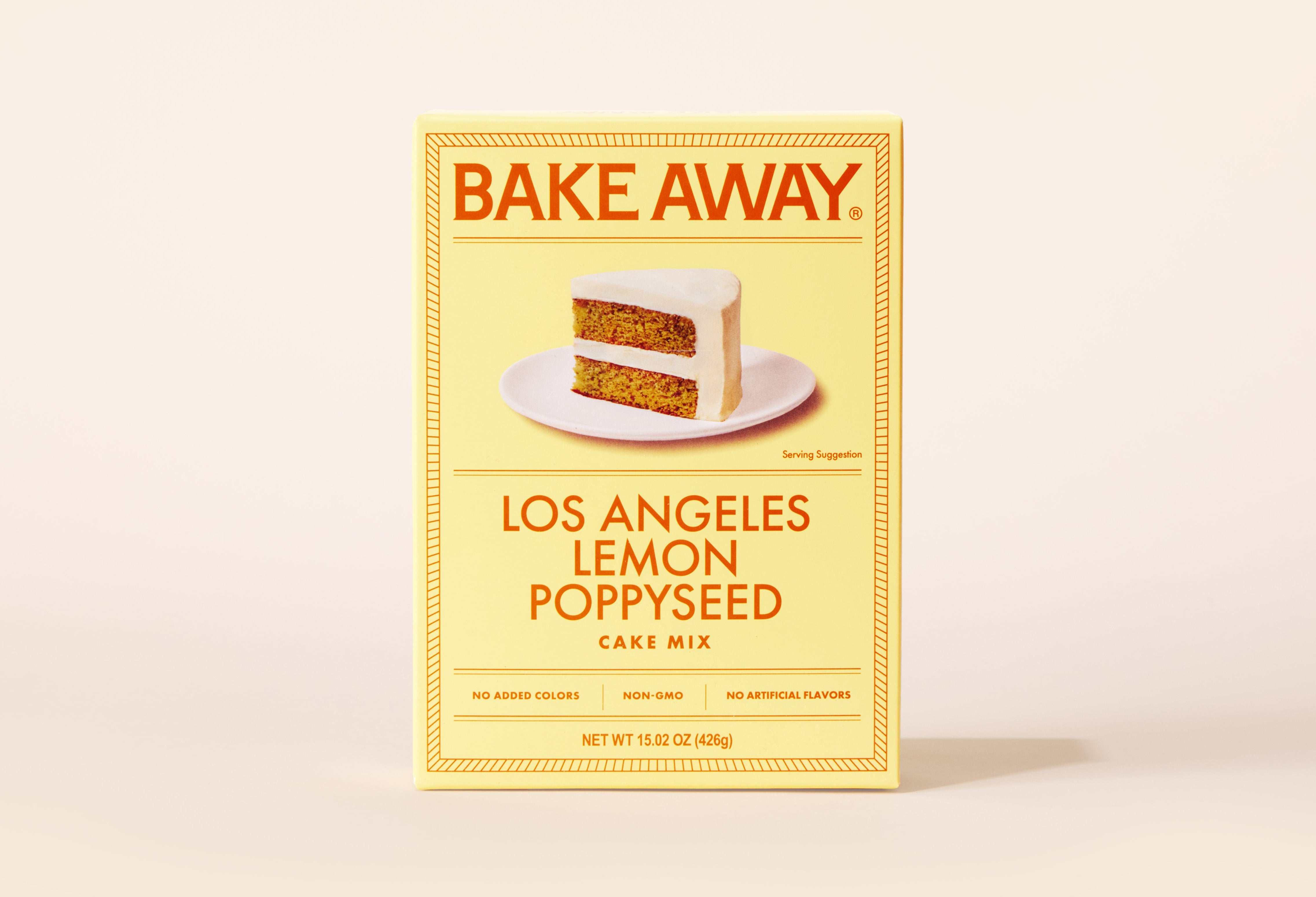 Bake Away Los Angeles Lemon Poppyseed cake mix packaging on a white background