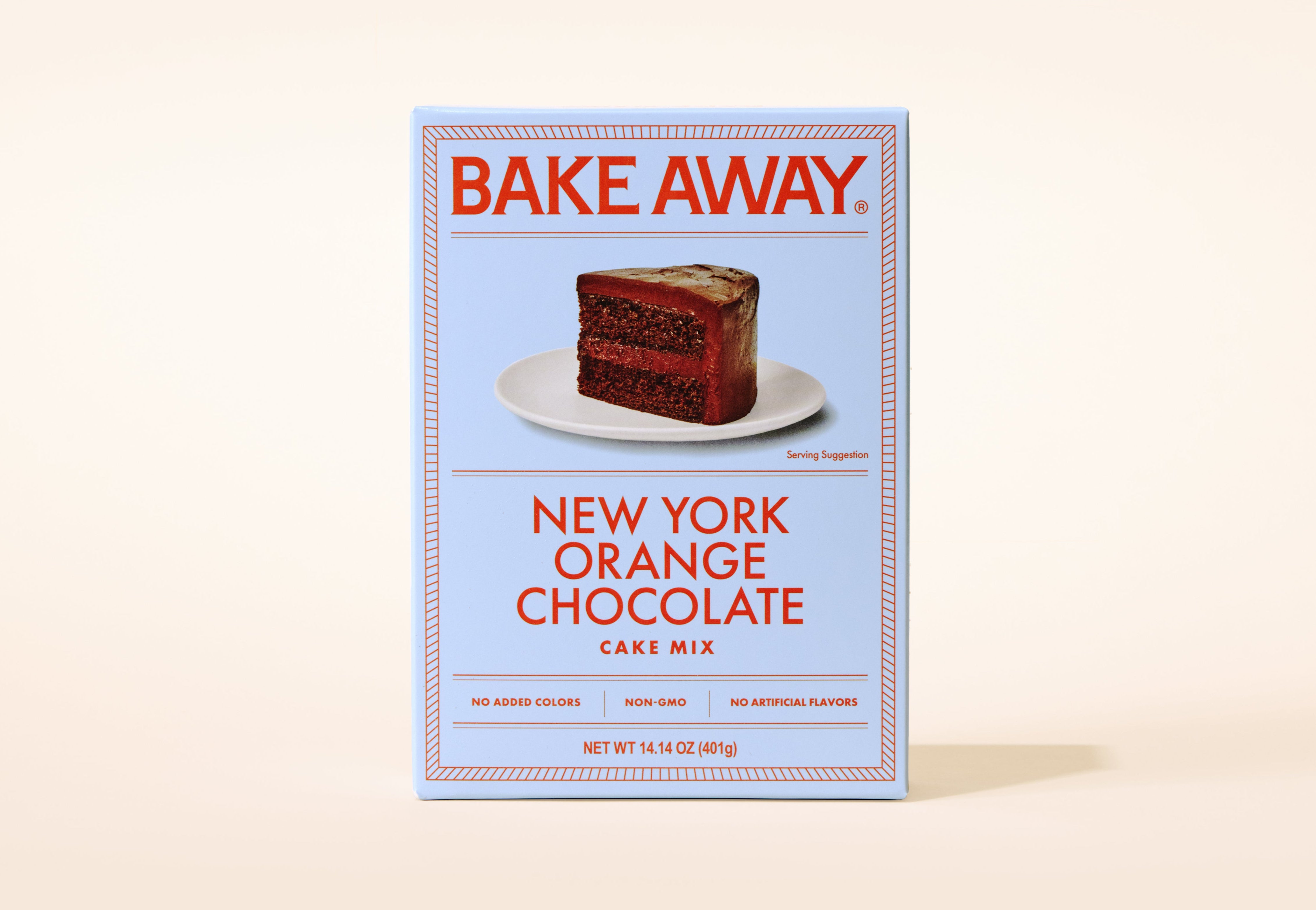 Bake Away New York Orange Chocolate Cake Mix packaging on a beige background
