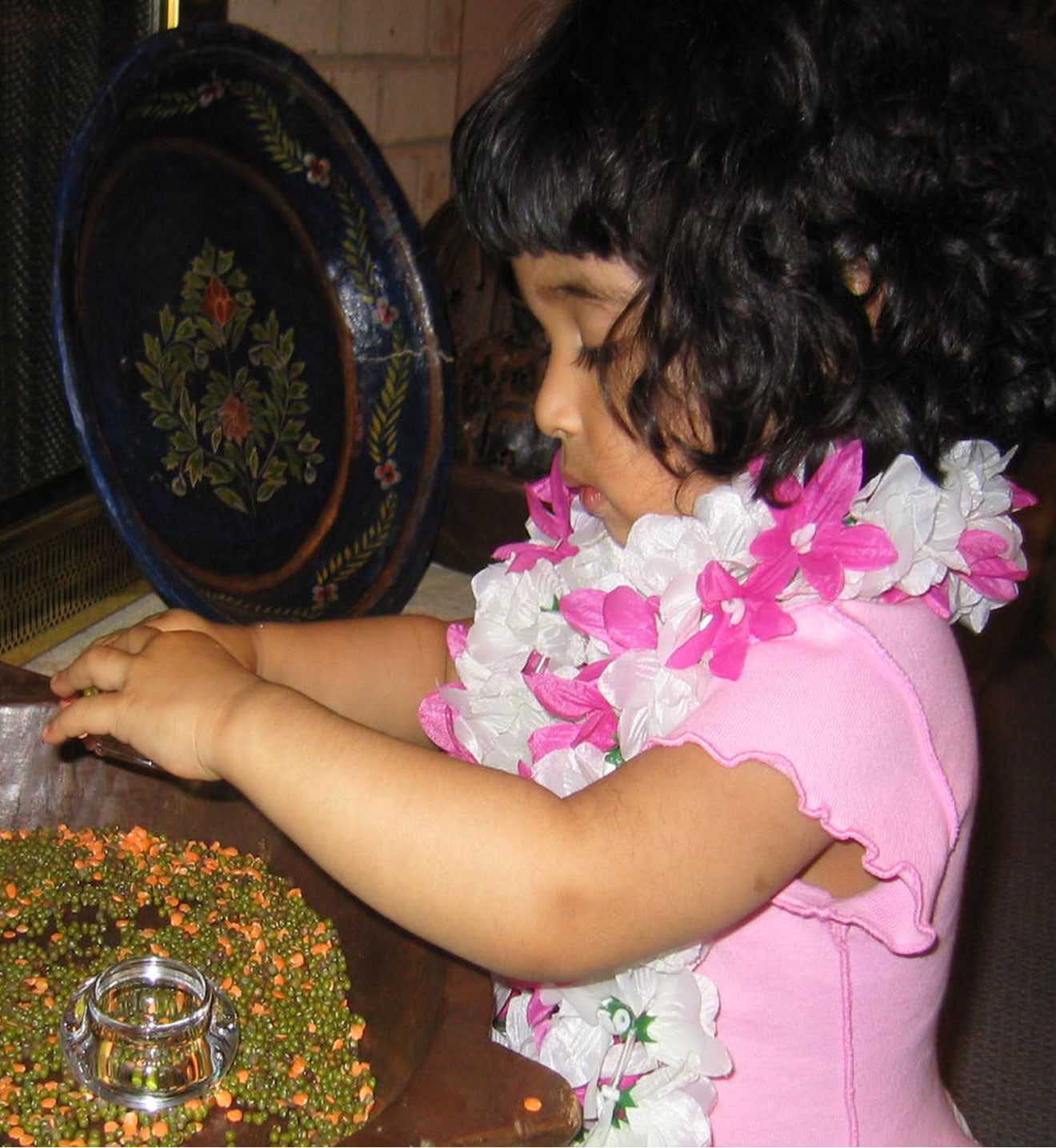 Child wearing a pink and white floral lei sitting at a table with decorative plates in the background.