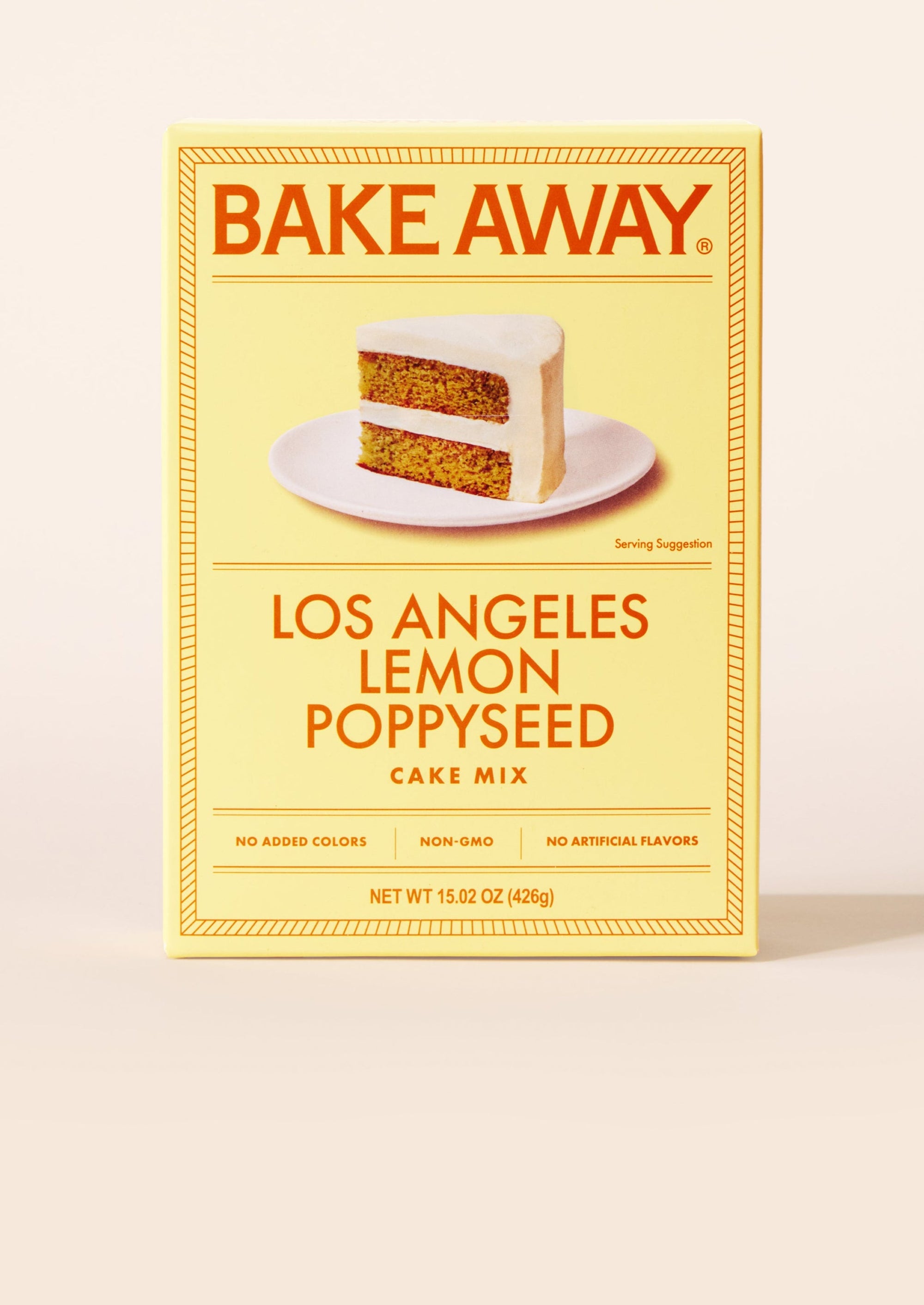 Bake Away Los Angeles Lemon Poppyseed cake mix box on a light beige background