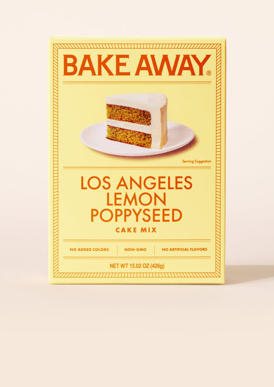 Bake Away Los Angeles Lemon Poppyseed cake mix box on a light beige background