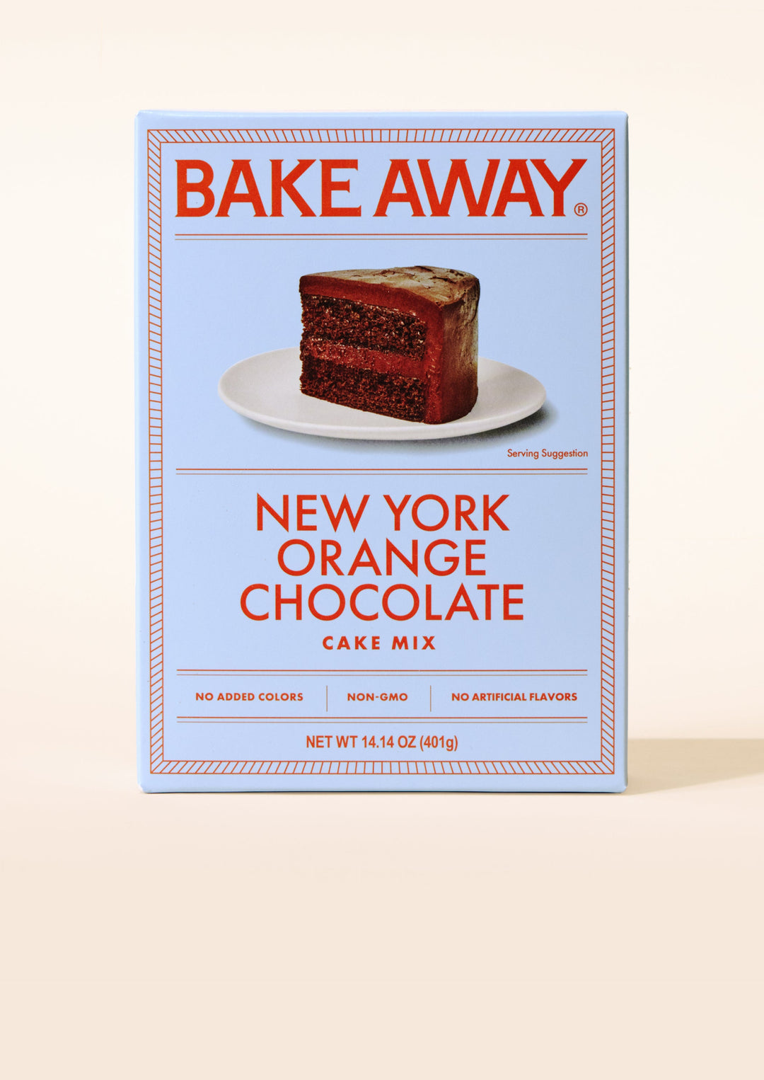 Bake Away New York Orange Chocolate Cake Mix box on a beige background