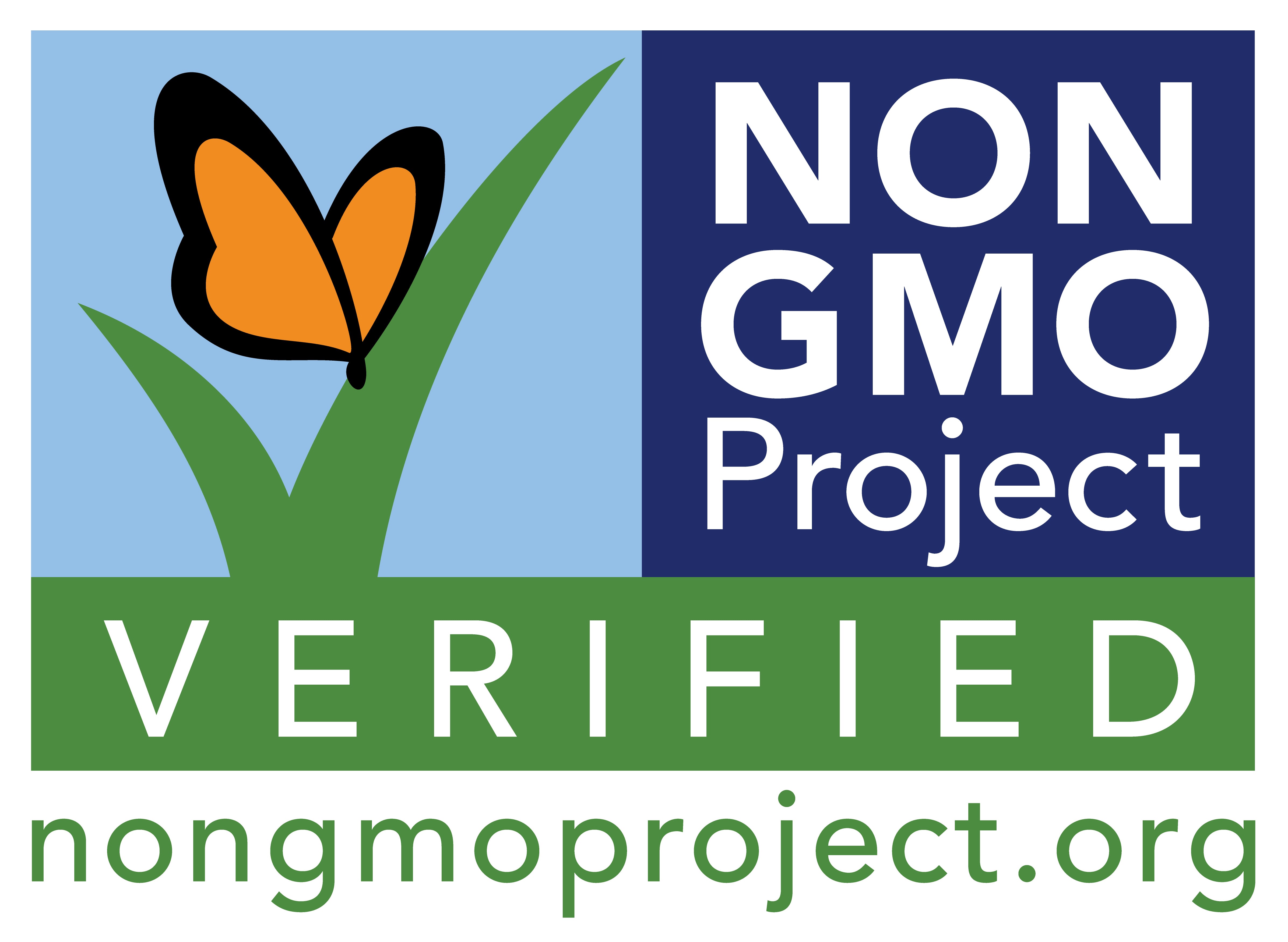 Non-GMO Project Verified logo with a butterfly and grass on a blue and green background.