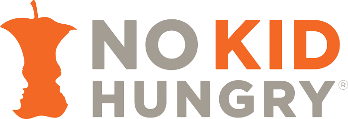 Logo of No Kid Hungry with an orange silhouette of a child and gray text.
