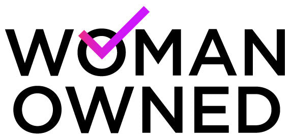 Logo with 'Woman Owned' text and a pink checkmark on a white background